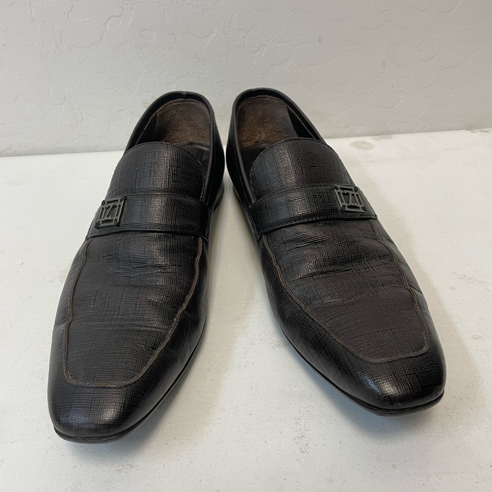 Z‎ Zegna Made in Italy Crosshatch Leather Logo Vamp Loafer in Dark Brown Size 9